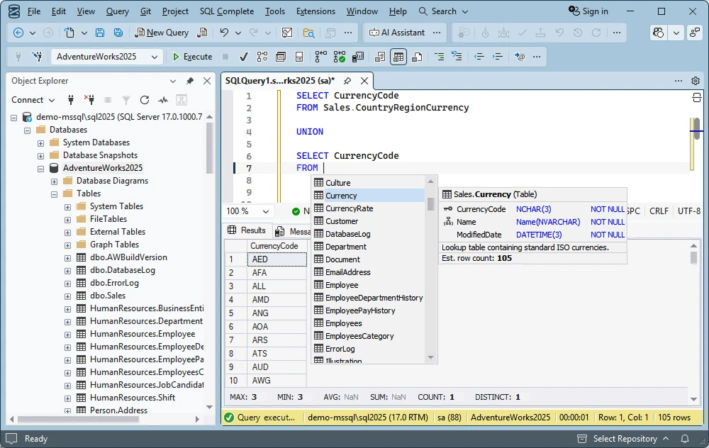 SQL Server Management Studio is showing an example of a UNION ALL query combining currency codes from two tables.