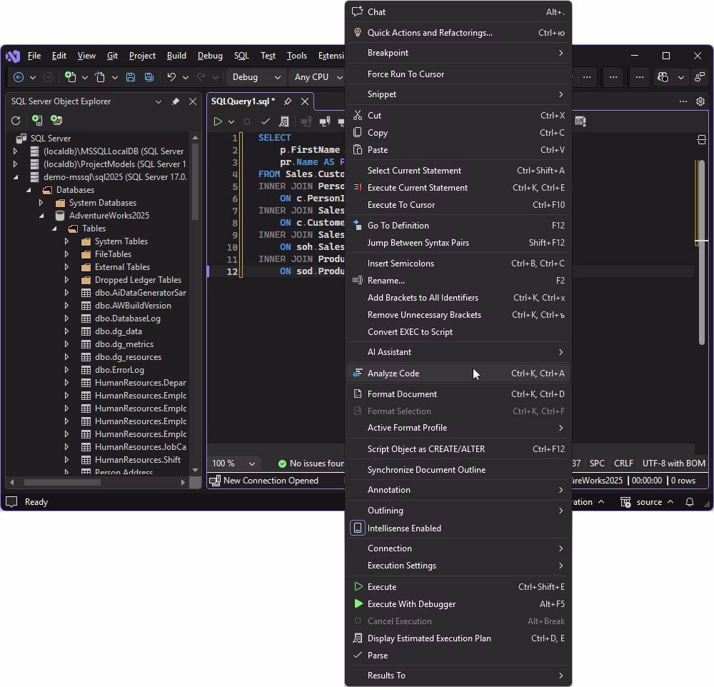 SQL code analysis before execution in Visual Studio