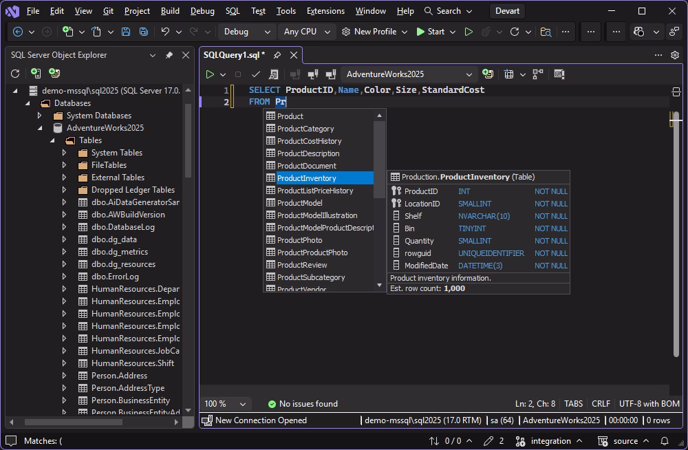 SQL code completion reducing manual editing in Visual Studio