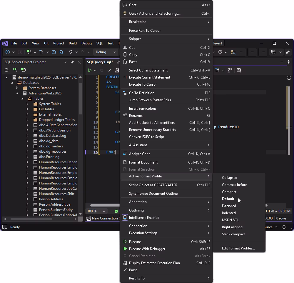 Standardized SQL formatting profiles in Visual Studio