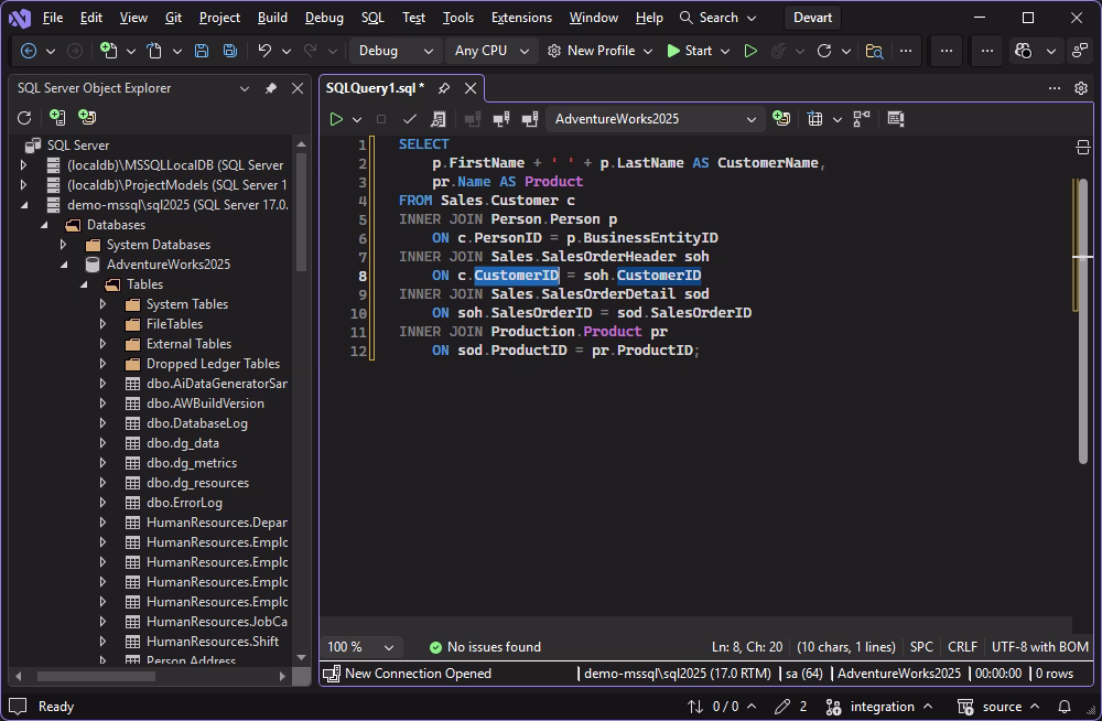 Object identifier usage highlighting in SQL editor