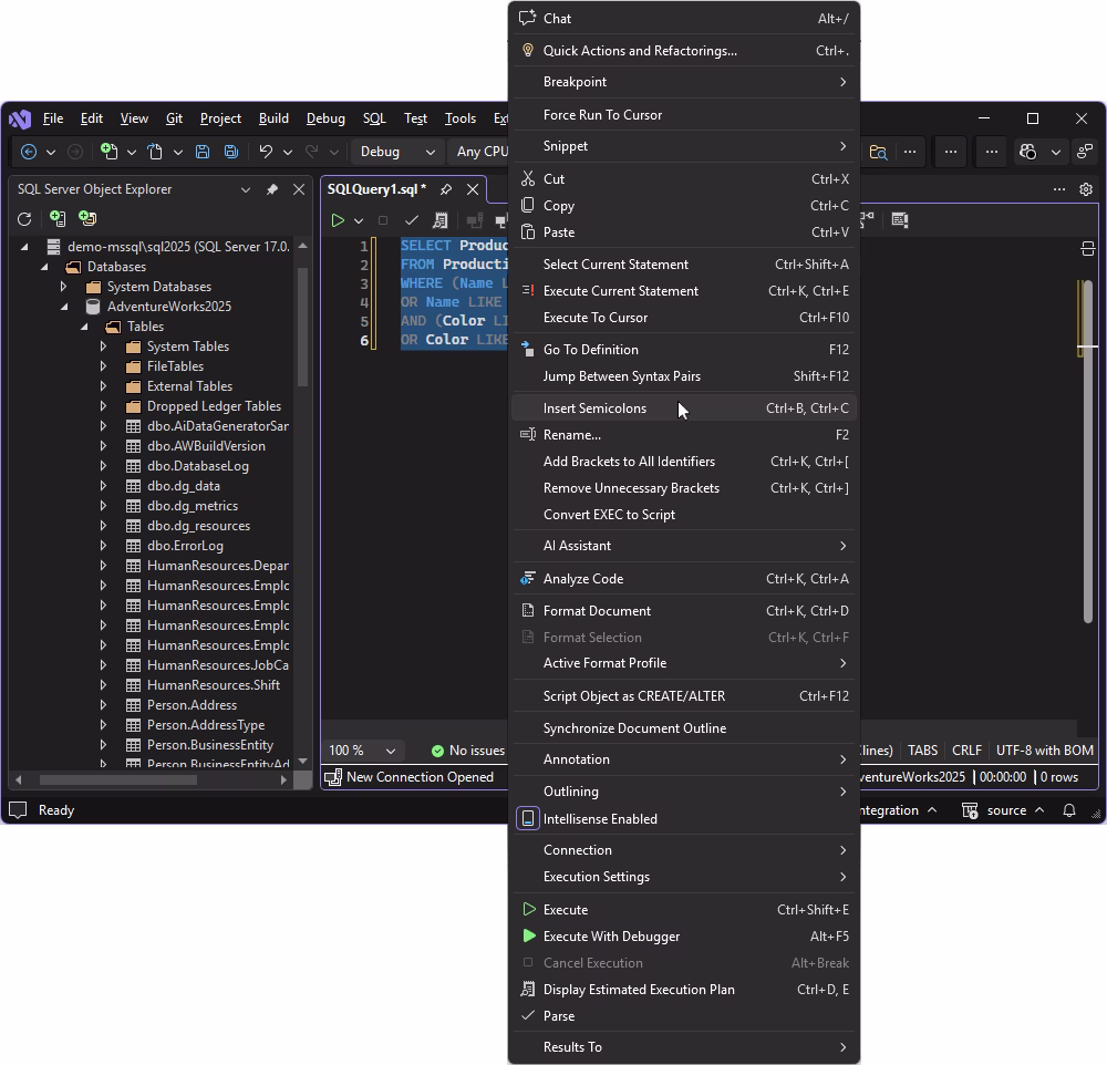 Automatic semicolon insertion and SQL query cleanup