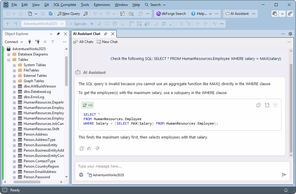 Conversion of natural language to SQL via AI
