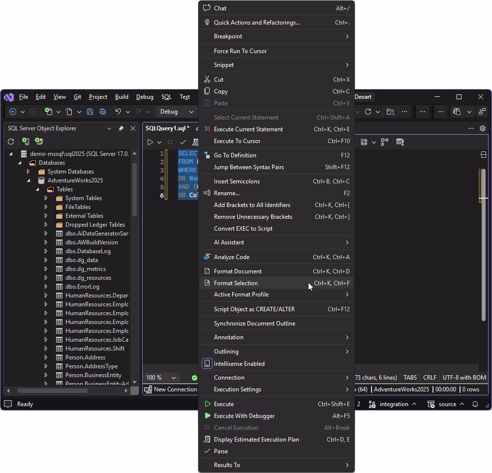 SQL code formatting for better readability in Visual Studio