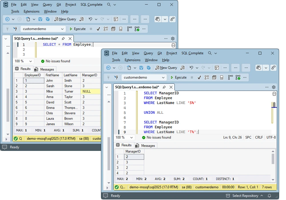 SQL Server Management Studio is showing an example of UNION ALL query combining manager IDs and keeping duplicates.