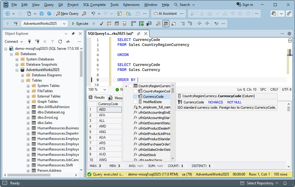 SQL Server Management Studio is showing an example of a UNION query combining currency codes from two tables.