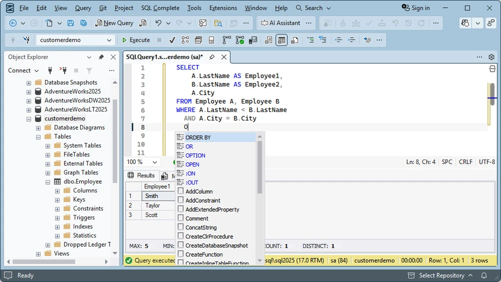 SQL Server Management Studio shows an example of a JOIN query matching employees by city.