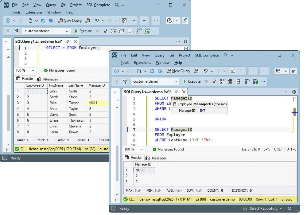 SQL Server Management Studio is showing an example of UNION query combining manager IDs from employees with last names starting with S and T