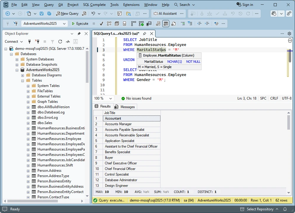 SQL Server Management Studio shows an example of a UNION query combining employee job titles by marital status and gender.