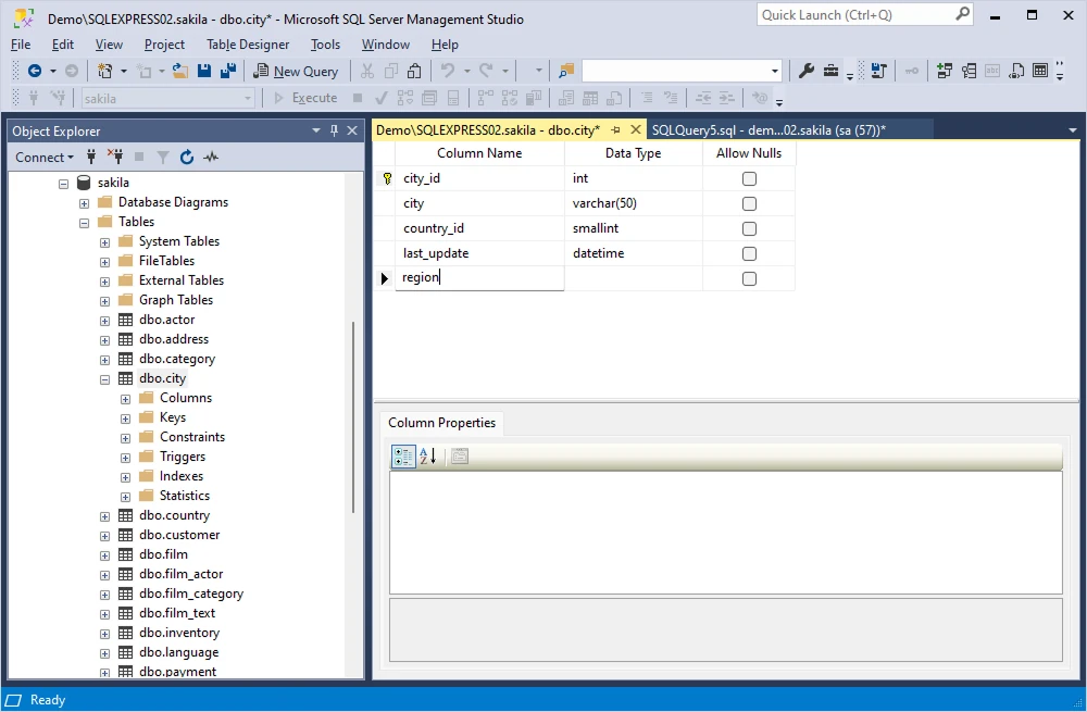 Add a column to a table using SSMS - Table Designer