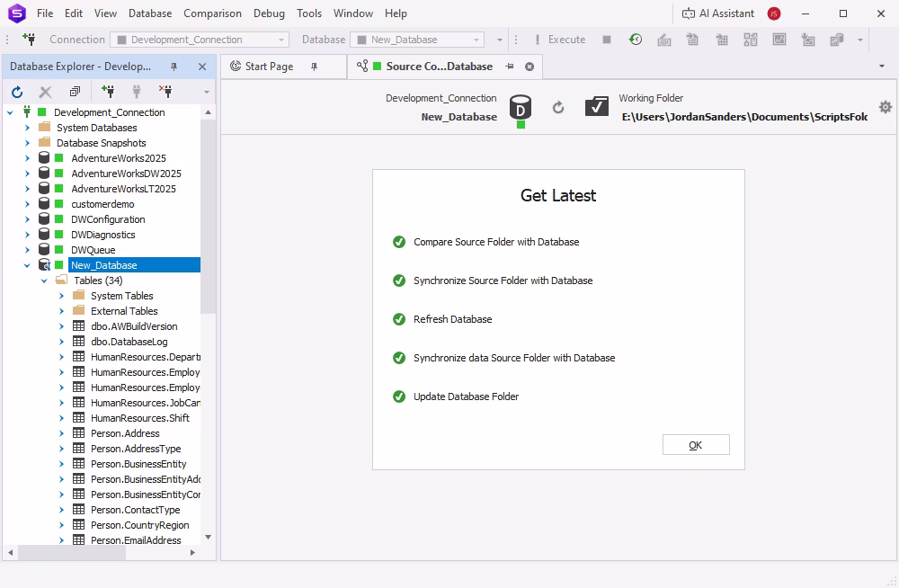 dbForge Studio for SQL Server is showing the Source Control view with no pending changes for the AW2022 database after synchronization.