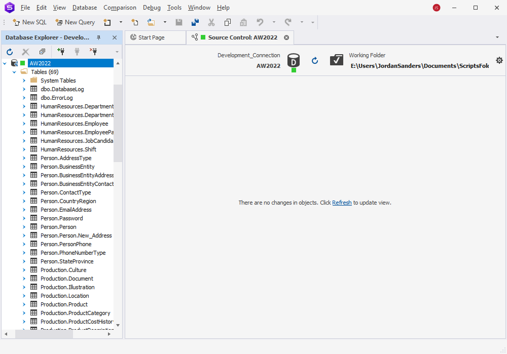 dbForge Studio for SQL Server is showing the Source Control view with no pending changes for the AW2022 database after synchronization.