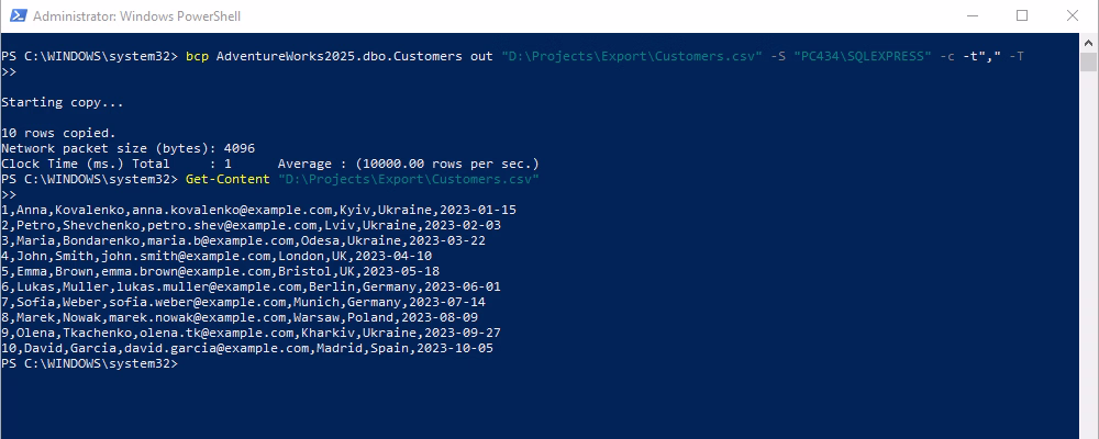 Using BCP to export data into CSV