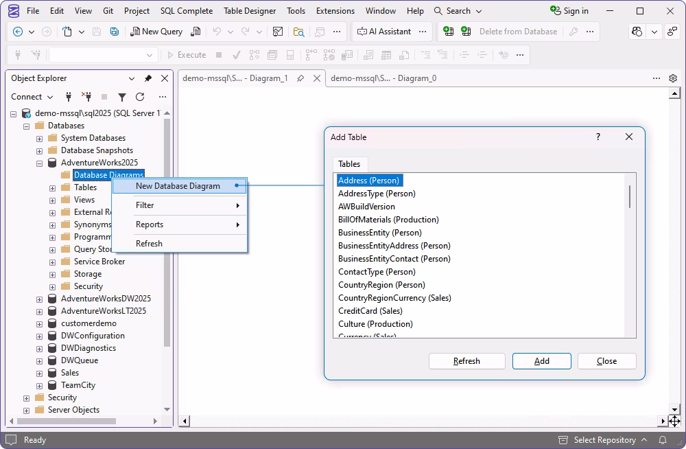 SQL Server Management Studio window is showing the creation of a new database diagram and 'Add Table' dialog for AdventureWorks2022
