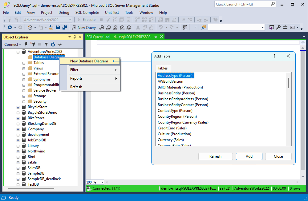 SQL Server Management Studio window is showing the creation of a new database diagram and 'Add Table' dialog for AdventureWorks2022