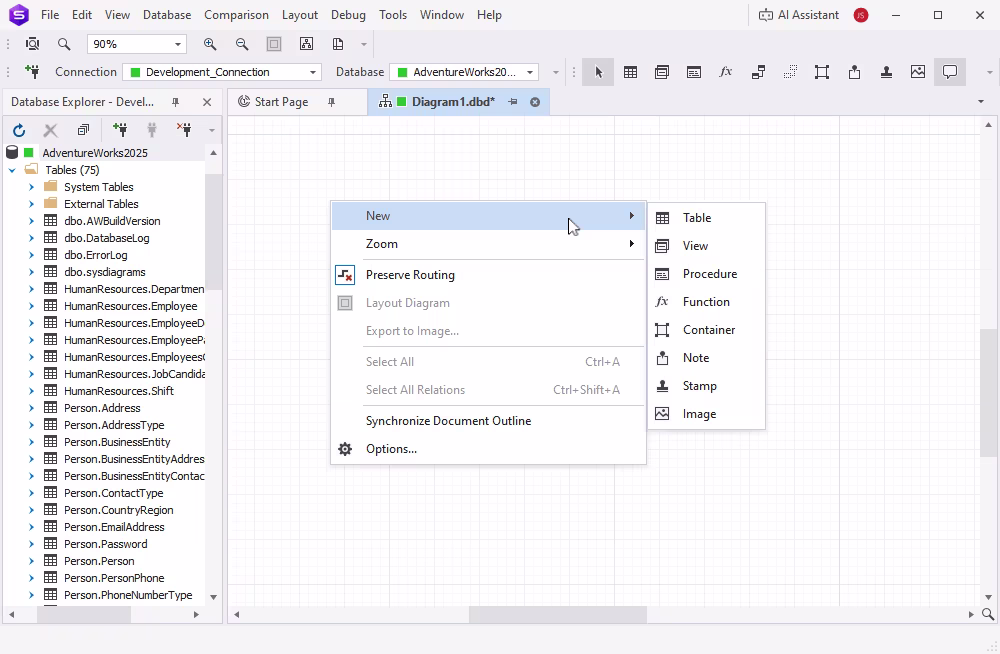 dbForge Studio for SQL Server is showing the context menu for adding new diagram elements such as tables, views, notes, and images