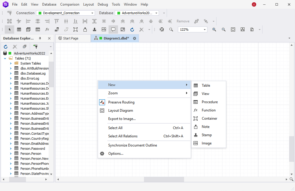 dbForge Studio for SQL Server is showing the context menu for adding new diagram elements such as tables, views, notes, and images