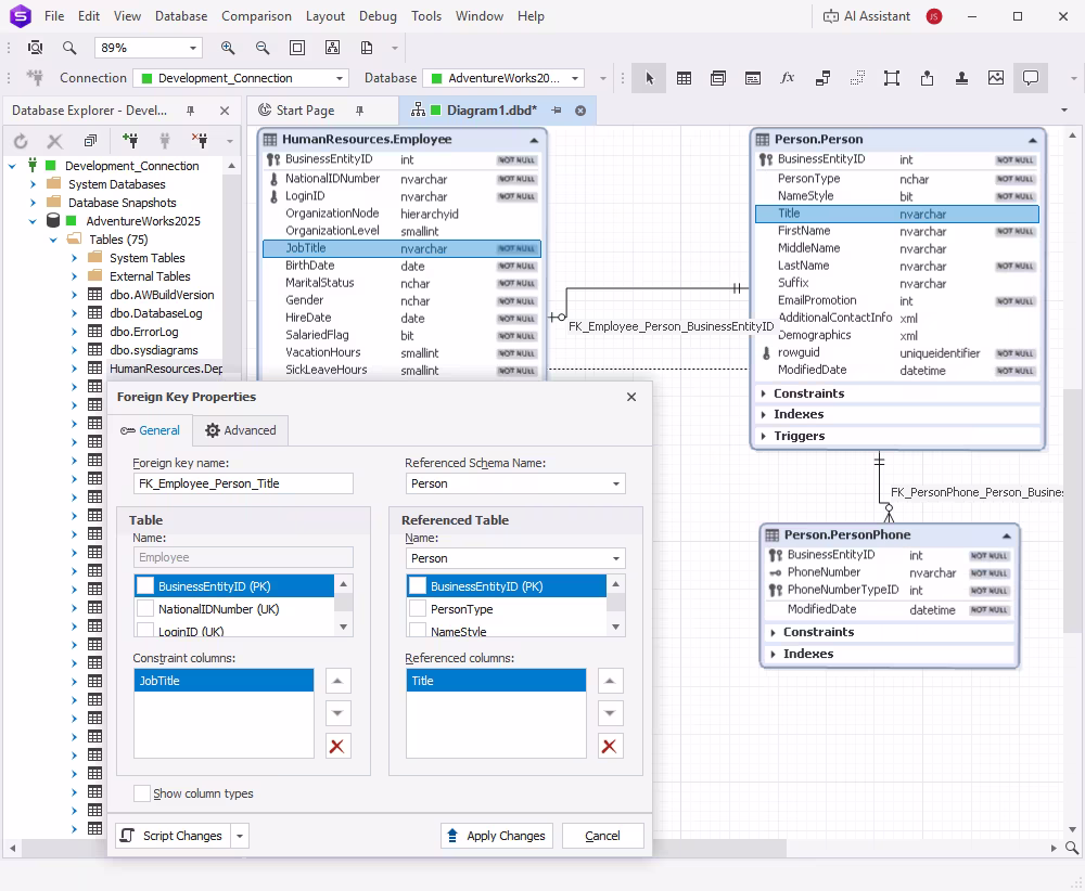 dbForge Studio for SQL Server is showing Foreign Key Properties linking SalesOrderHeader and Employee tables with constraint configuration dialog