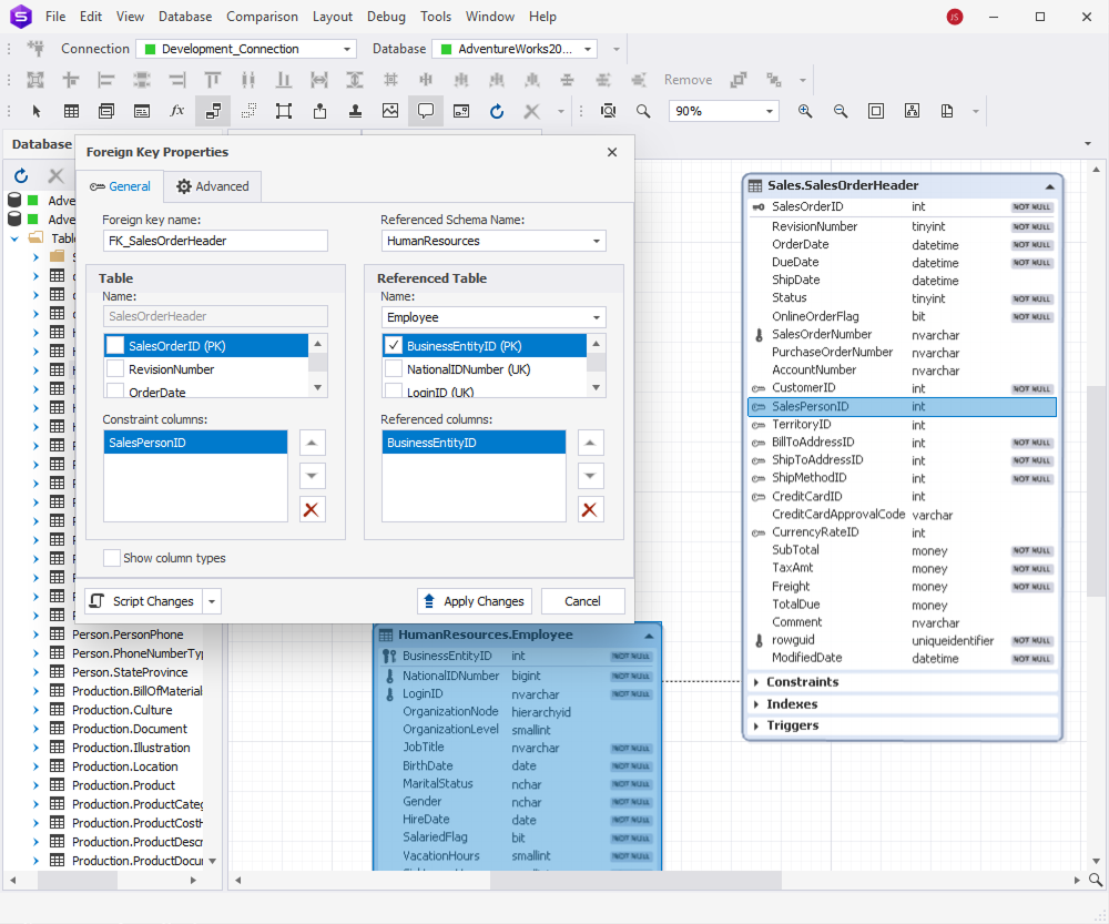 dbForge Studio for SQL Server is showing Foreign Key Properties linking SalesOrderHeader and Employee tables with constraint configuration dialog