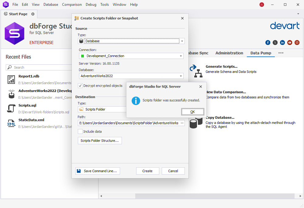 dbForge Studio for SQL Server is showing the Create Scripts Folder dialog with a confirmation message that the scripts folder was successfully created