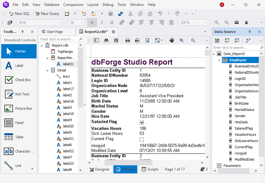 Data reports and analysis capabilities of this MS SQL database client