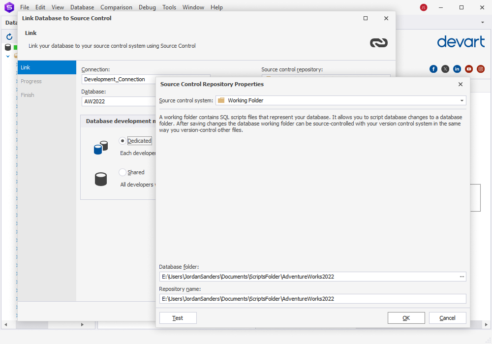 dbForge Studio for SQL Server is showing the Source Control Repository Properties window linking the AW2022 database to a working folder.