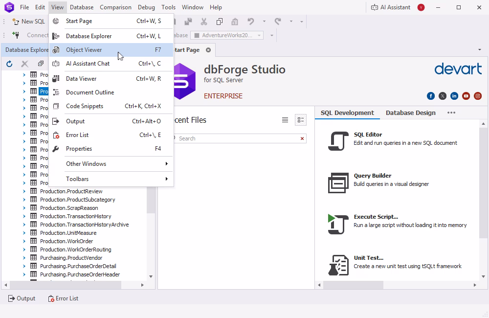 Opening SQL Server Object Viewer in dbForge Studio