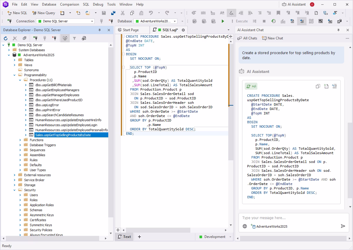 dbForge AI Assistant generating SQL procedure code based on user input