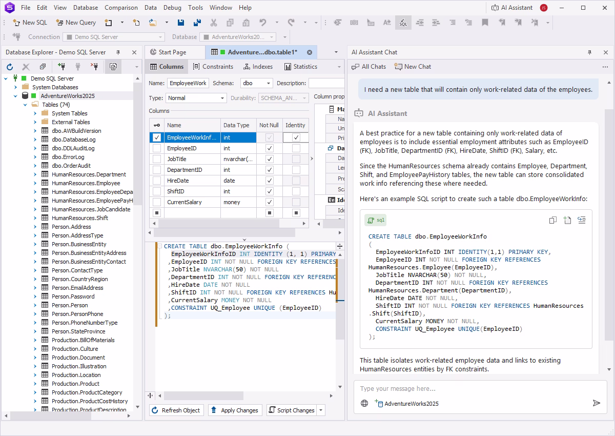 Using dbForge AI assistant in SQL Table Designer