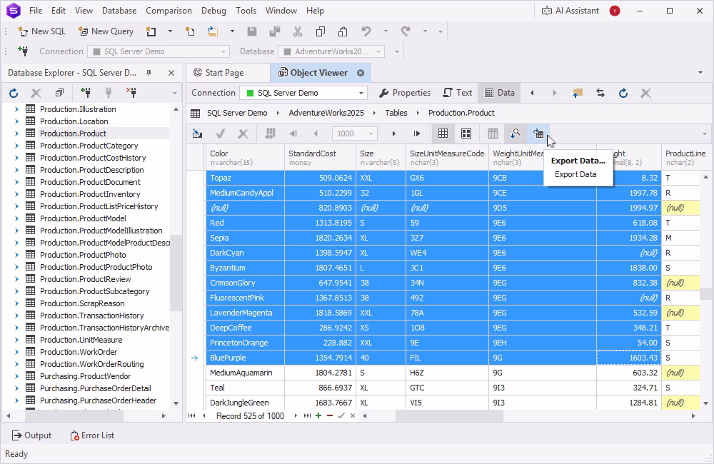 Exporting data from SQL Server Object Viewer in dbForge Studio