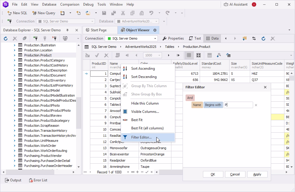 Editing custom filters in SQL Server Object Viewer in dbForge Studio