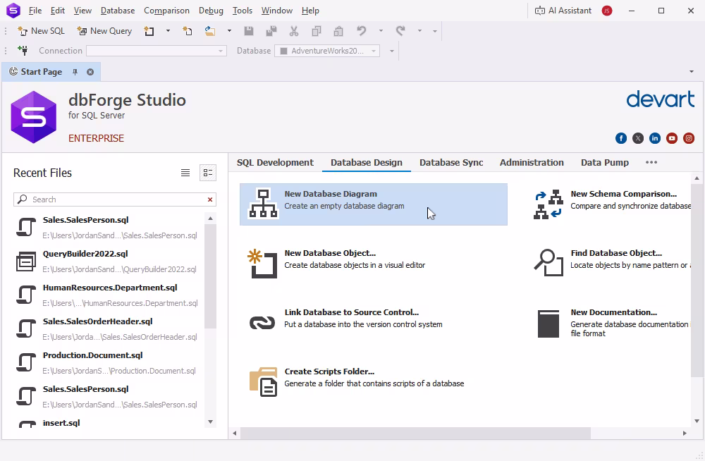 dbForge Studio for SQL Server interface is showing the Database Design tab with options like New Database Diagram and Link to Source Control.