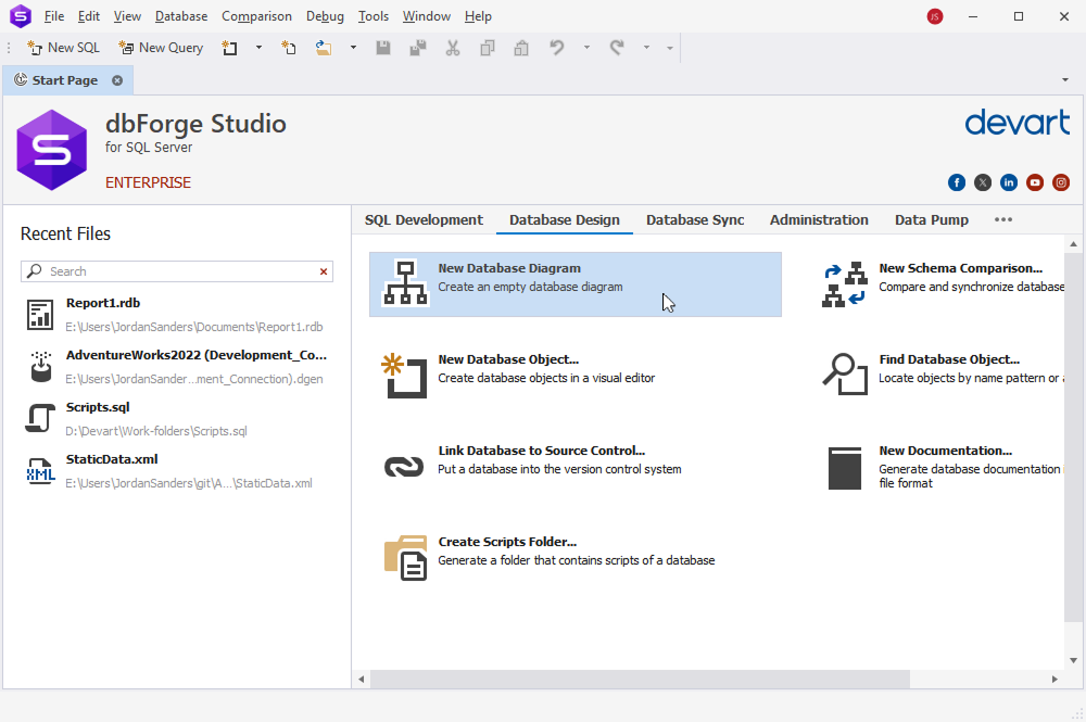 dbForge Studio for SQL Server interface is showing the Database Design tab with options like New Database Diagram and Link to Source Control.