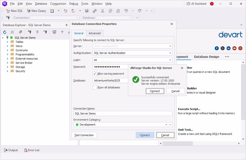 Testing and establishing a SQL Server connection in dbForge Studio