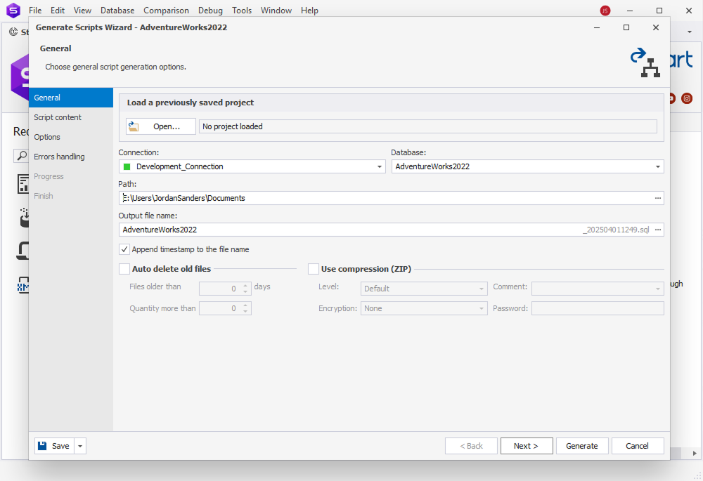 dbForge Studio for SQL Server is showing the Generate Scripts Wizard with options for output path, timestamp, and ZIP compression settings.