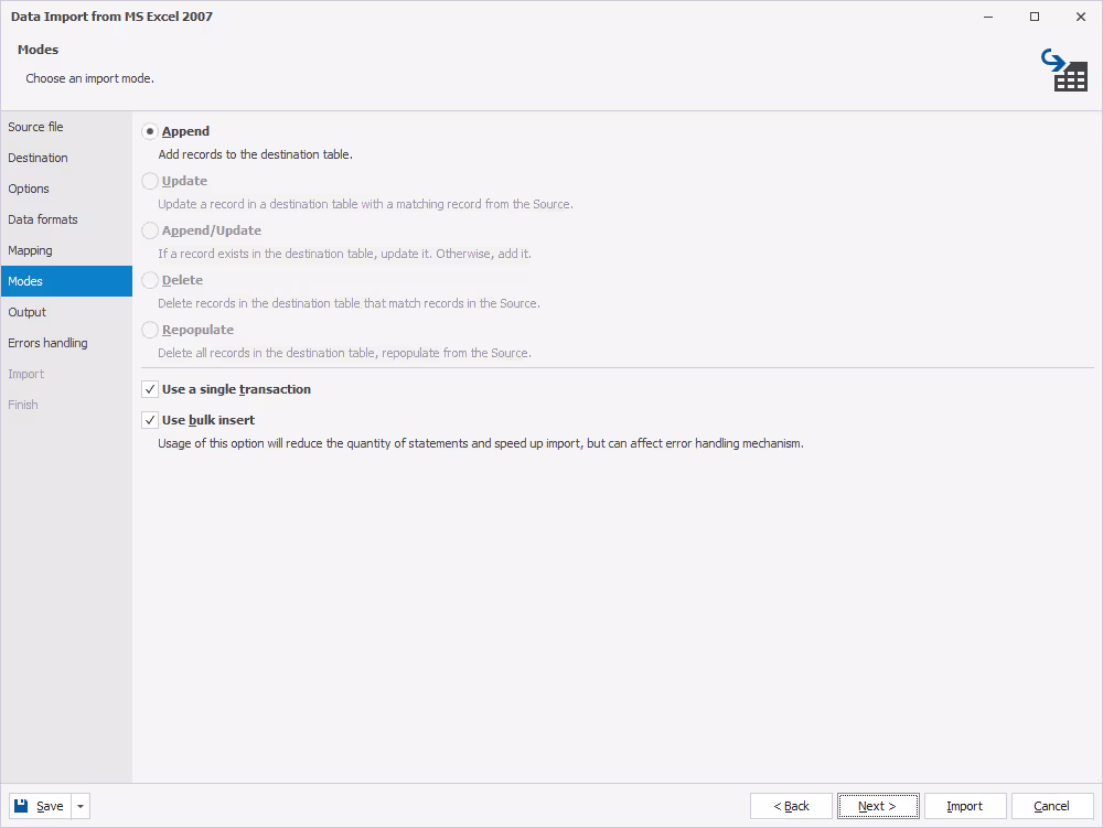 SQL importer - Data import modes