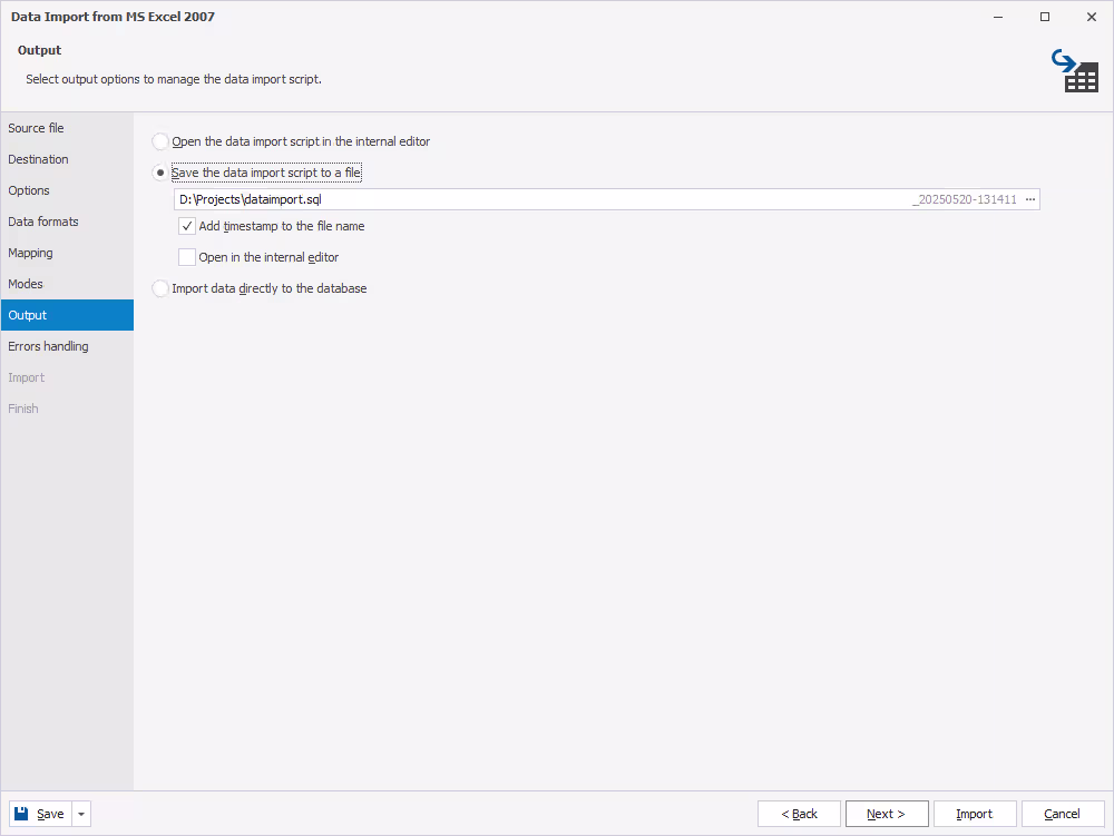 SQL data import utility - Output