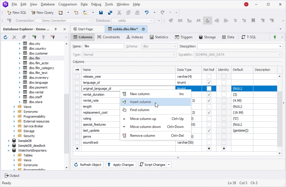 Add a column in the middle of a SQL Server table