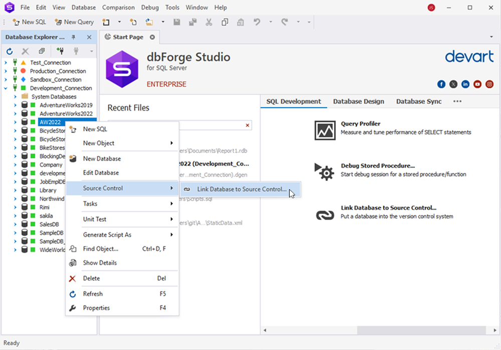 dbForge Studio for SQL Server is showing a user linking the AW2022 database to Source Control via the context menu under Source Control options.