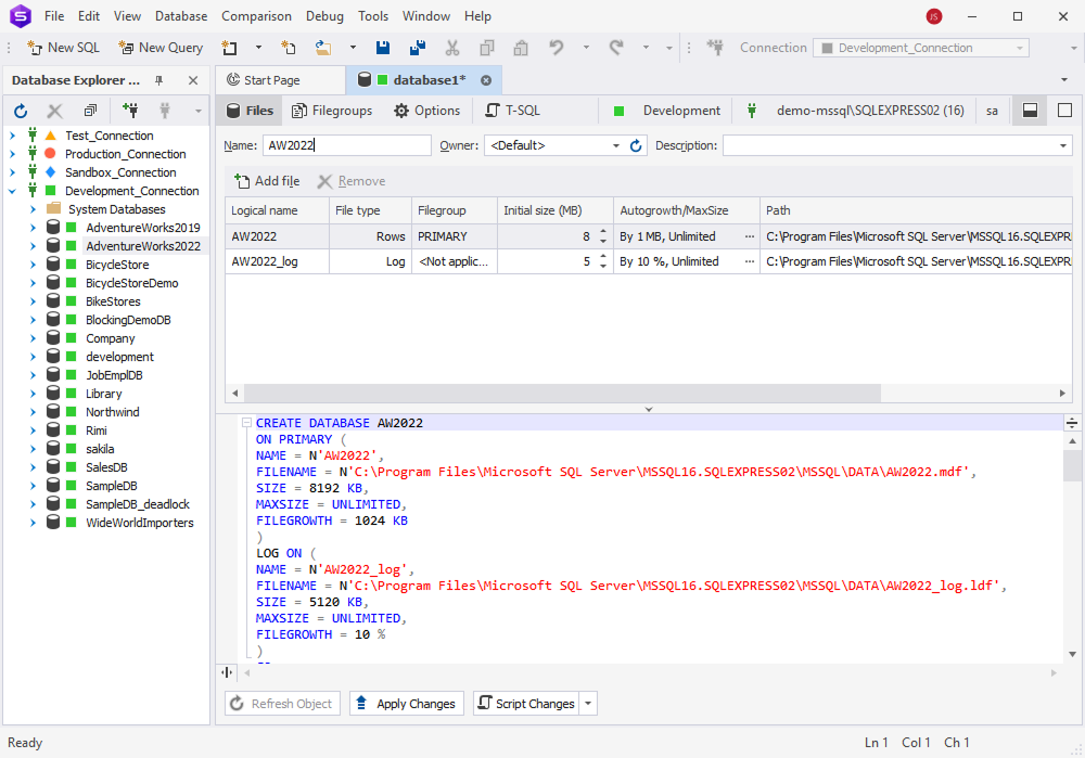 dbForge Studio for SQL Server is showing the database creation window with SQL script and file settings for a new database named AW2022