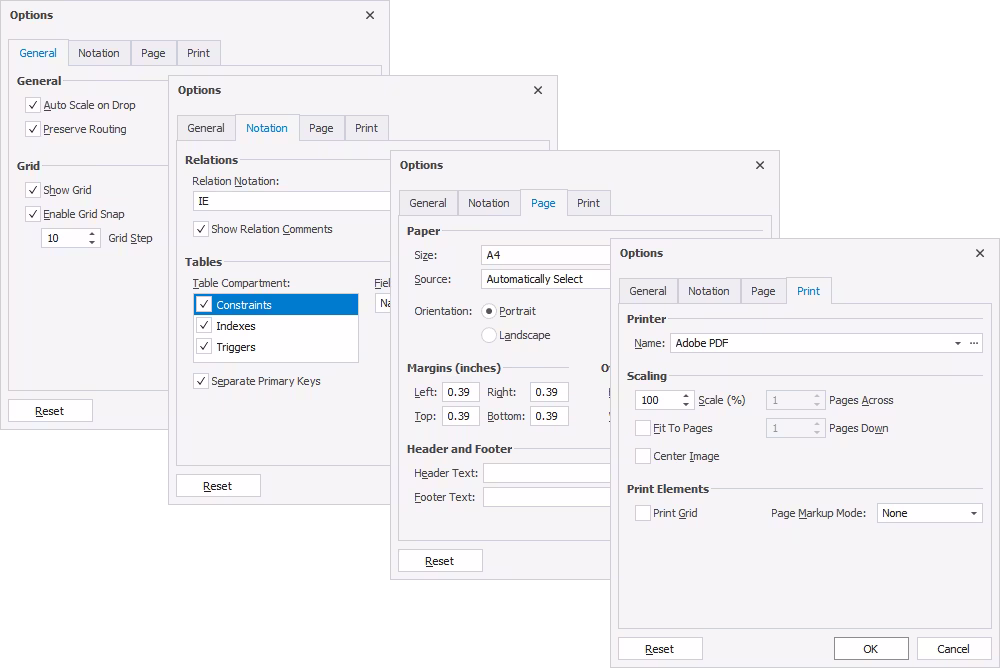Options dialog in dbForge Studio for SQL Server is showing General tab settings for grid, shadows, and layout preferences in database diagrams.