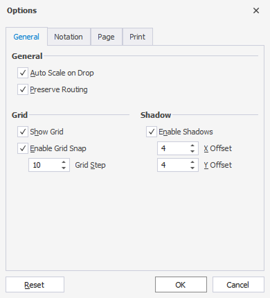 Options dialog in dbForge Studio for SQL Server is showing General tab settings for grid, shadows, and layout preferences in database diagrams.