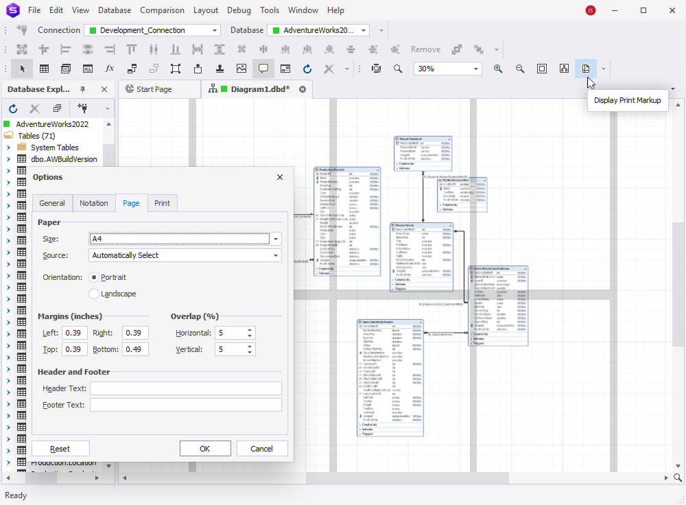 dbForge Studio for SQL Server is showing print layout settings for a database diagram with A4 paper, margins, and orientation options