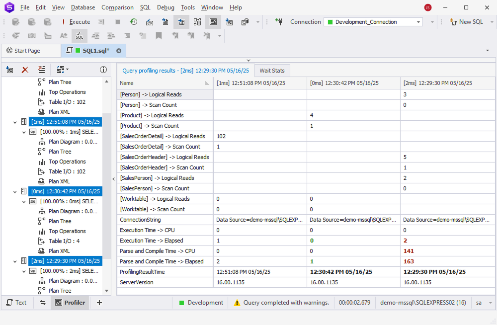 View query differences on the Session Statistics tab