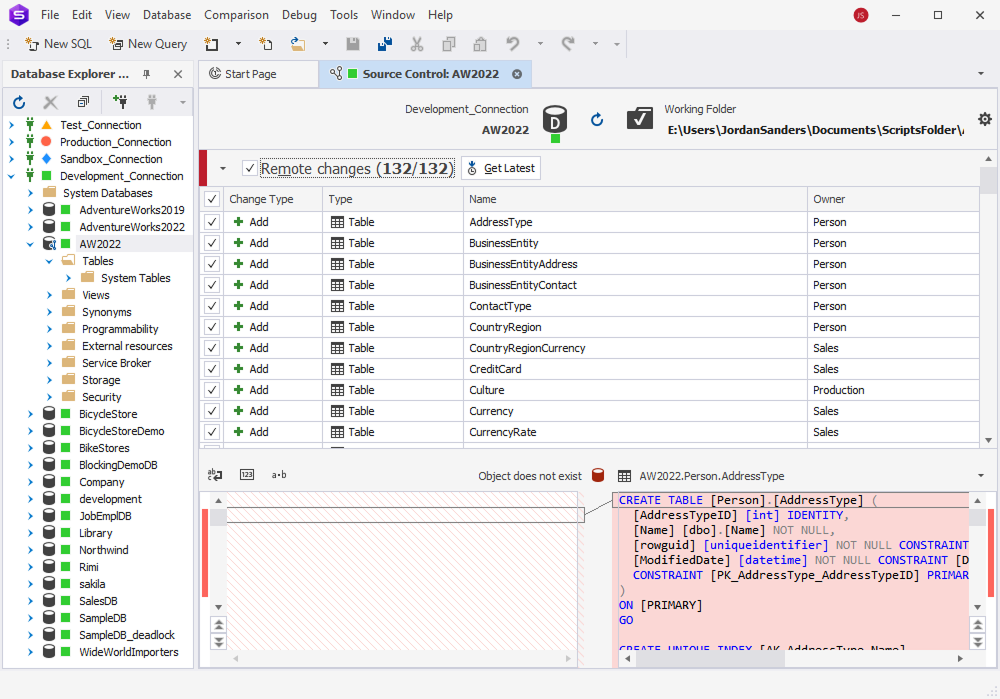 dbForge Studio for SQL Server is showing the Source Control tab with 132 remote table changes pending synchronization for the AW2022 database