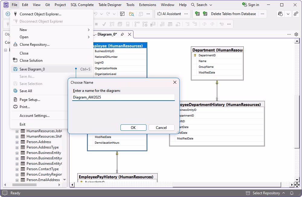 SQL Server Management Studio is showing the 'Save Diagram' option and dialog box to name and save a new database diagram as 'NewDiagram'