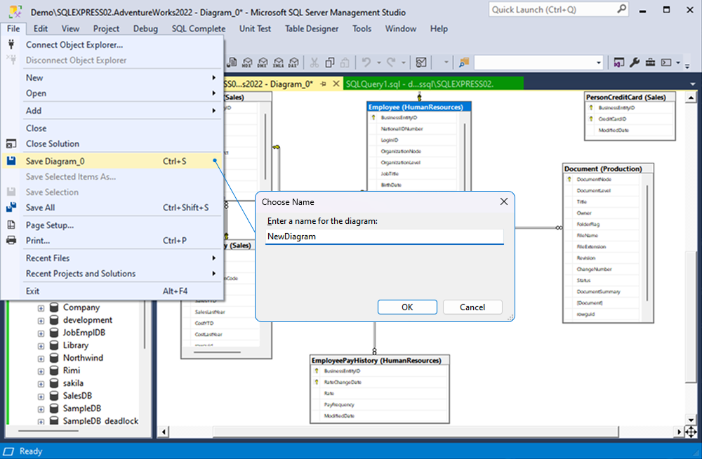 SQL Server Management Studio is showing the 'Save Diagram' option and dialog box to name and save a new database diagram as 'NewDiagram'