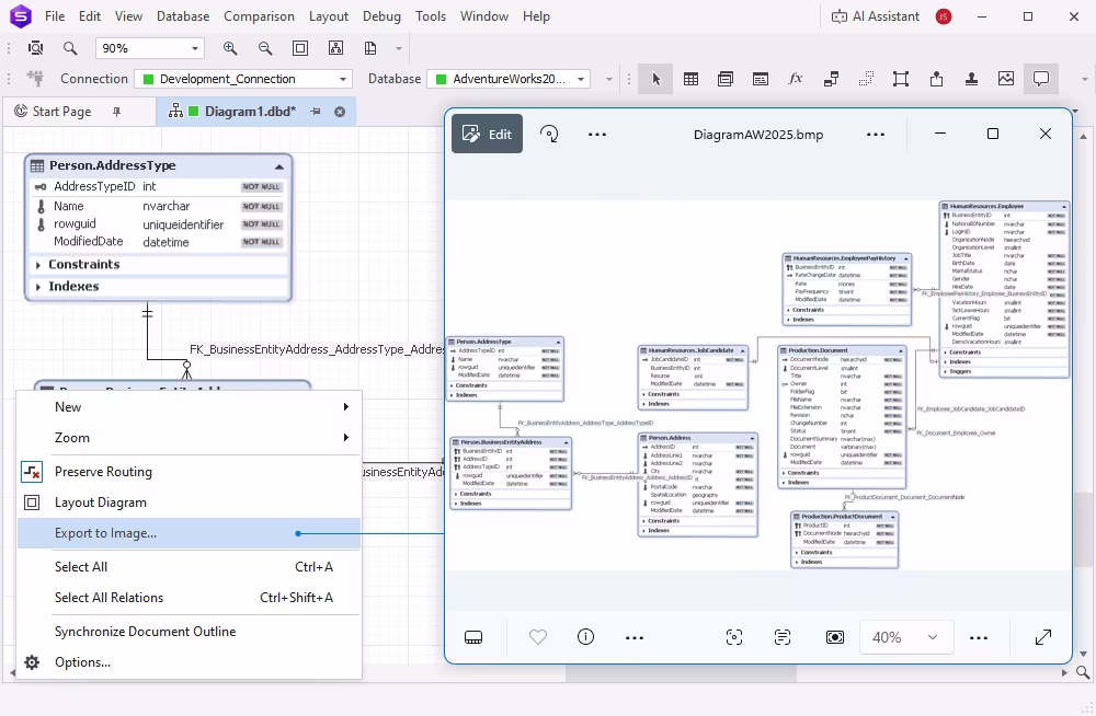 dbForge Studio for SQL Server is showing the Export to Image option used to save a database ER diagram displayed in the preview window