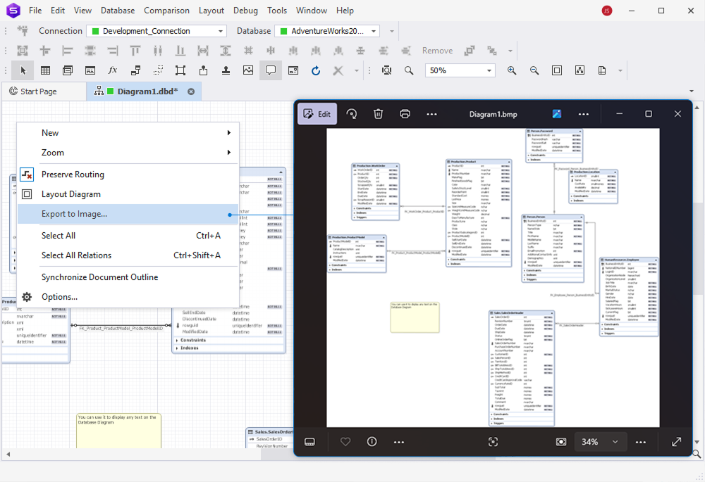 dbForge Studio for SQL Server is showing the Export to Image option used to save a database ER diagram displayed in the preview window