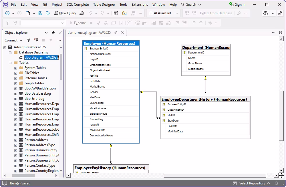 SQL Server Management Studio is showing a saved database diagram named 'NewDiagram' with linked tables like SalesPerson and Employee